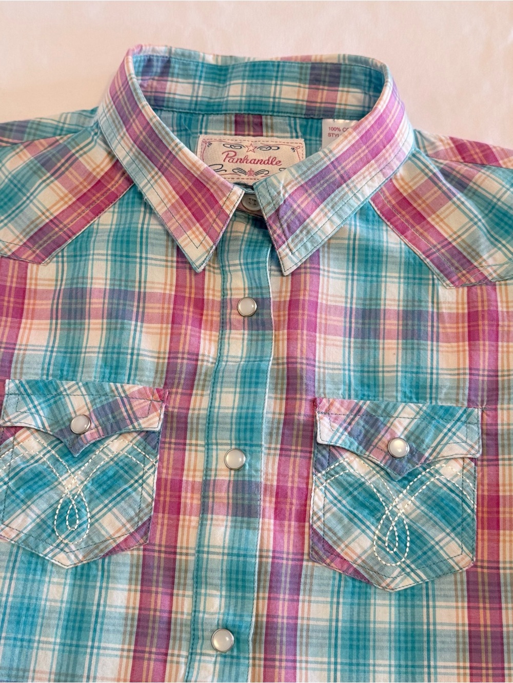 Girls' Panhandle Plaid Western Shirt - Blue & Pink. Size XXL